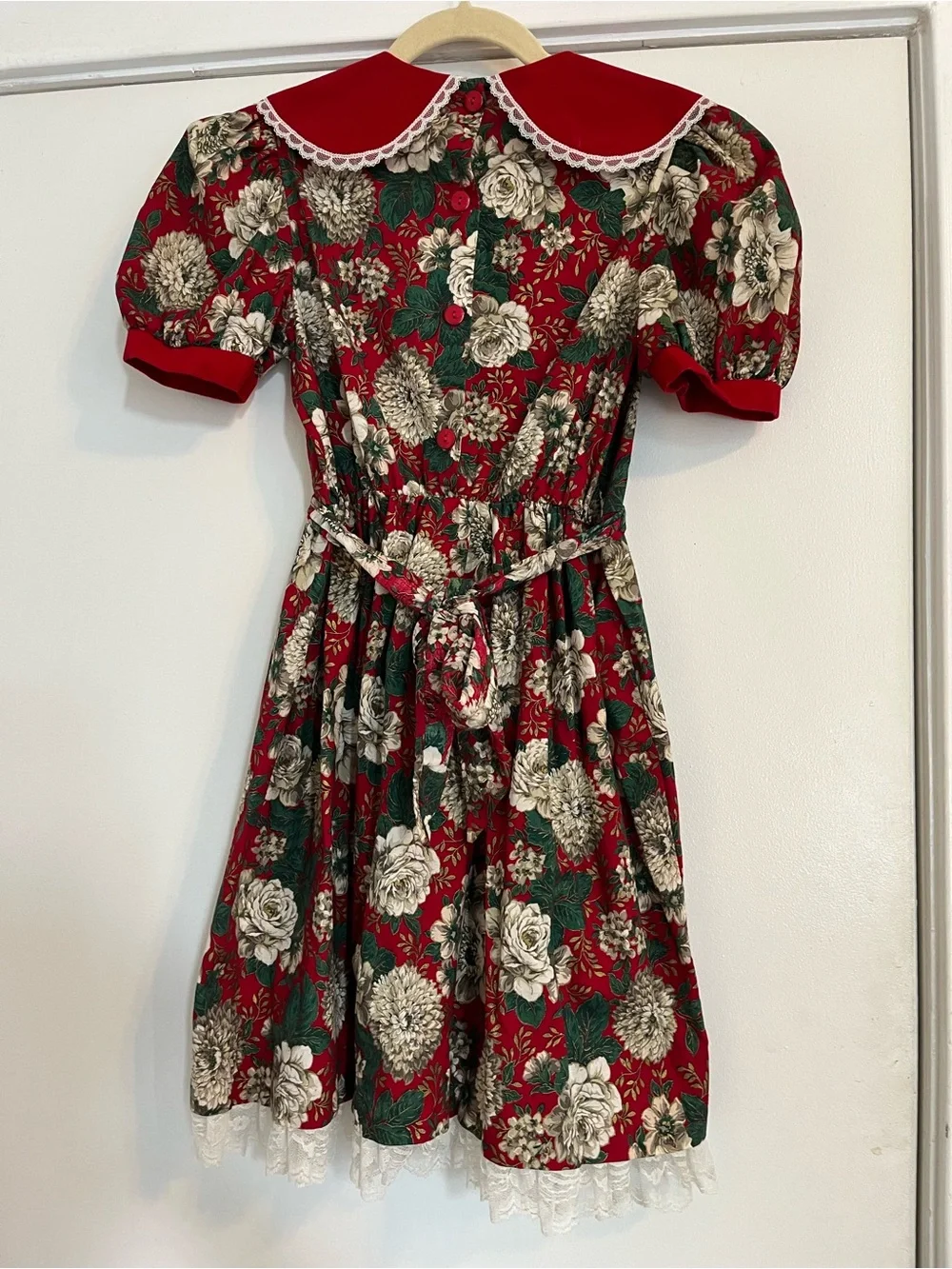 Vintage Red green white floral lace Christmas dress girls 14 Xmas velvet